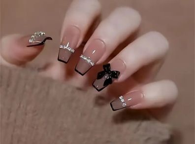 Black Bow and Rhinestone Press on Nails