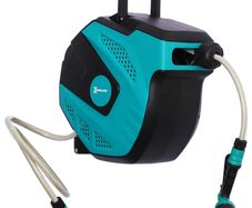 15m Garden Hose Reel Wall Mounted Auto Rewind with 7 Patterns Spray Nozzle, Includes Wall Fixings