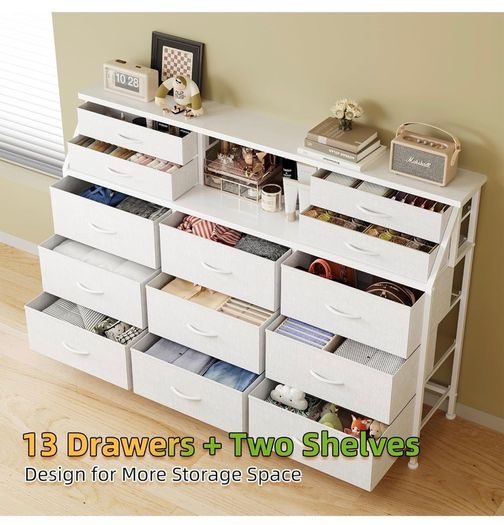 Dresser for Bedroom with 13 Drawers, 55 Wide Chest of Drawers, Fabric Dresser with 2 Wooden Shelves