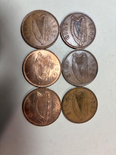 6 Irish one pence coins