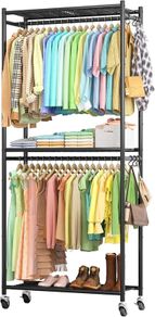 Clothes Rail  Clothes Rack with Shelves & Wheels, Multi-Functional Clothing Rail with Hooks, Sturdy Metal Garment Rack for Bedroom, Laundry, Balcony, 84cm / 31cm / 202cm, Black