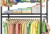Clothes Rail  Clothes Rack with Shelves &amp; Wheels, Multi-Functional Clothing Rail with Hooks, Sturdy Metal Garment Rack for Bedroom, Laundry, Balcony, 84cm / 31cm / 202cm, Black