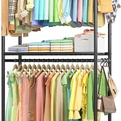 Clothes Rail  Clothes Rack with Shelves & Wheels, Multi-Functional Clothing Rail with Hooks, Sturdy Metal Garment Rack for Bedroom, Laundry, Balcony, 84cm / 31cm / 202cm, Black