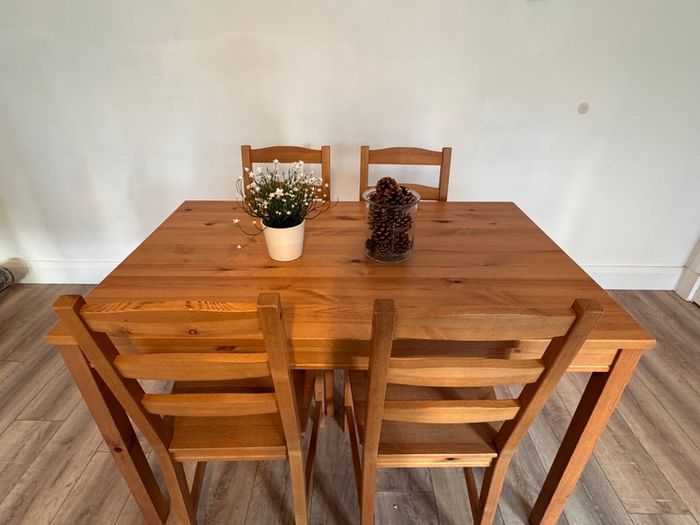Solid Pine Wood Dining Table & 4 Chairs