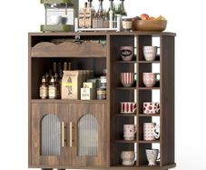 Kitchen Storage Cupboard with Mug Holder Display, Kitchen Sideboard with Drawers & Double Doors, Pantry Cabinet Unit Perfect for Coffee Station, Living Room Buffet & Home Drinks Bar - Brown