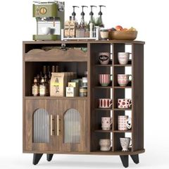 Kitchen Storage Cupboard with Mug Holder Display, Kitchen Sideboard with Drawers & Double Doors, Pantry Cabinet Unit Perfect for Coffee Station, Living Room Buffet & Home Drinks Bar - Brown