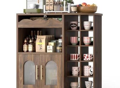 Kitchen Storage Cupboard with Mug Holder Display, Kitchen Sideboard with Drawers & Double Doors, Pantry Cabinet Unit Perfect for Coffee Station, Living Room Buffet & Home Drinks Bar - Brown