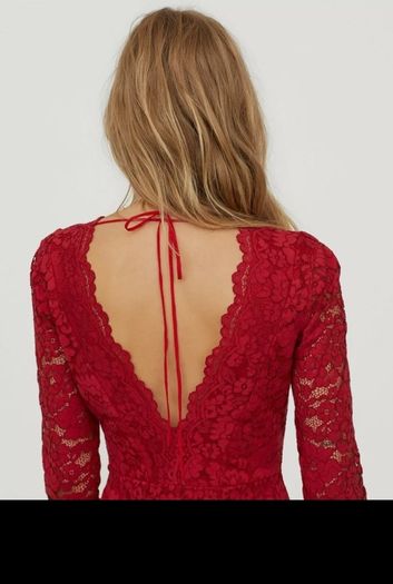 H&M red lace long sleeve V-neck mini dress size UK 10