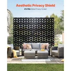 Metal Privacy Screen, 47" W x 72" H, Outdoor Privacy Screens 5-Panel, Freestanding Outdoor Divider with Stand, Decorative Garden Steel Privacy Fence for Balcony Patio Indoor Room Black