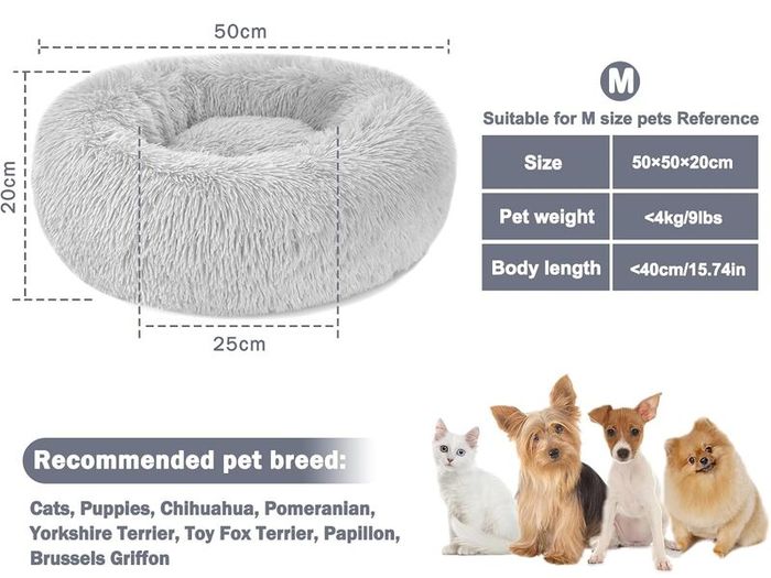 Calming Dog Cat Donut Bed - 19.7in Fluffy Plush Puppy Kitten Cuddler Round Bed, Warm and Soft Pet Cosy Anti Anxiety Beds with Non-Slip Bottom and Washable