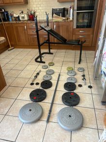 Cheap, Weight Bench, 50kg Weights, Barbell+ 2 X Dumbbells!