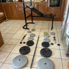 Cheap, Weight Bench, 50kg Weights, Barbell+ 2 X Dumbbells!