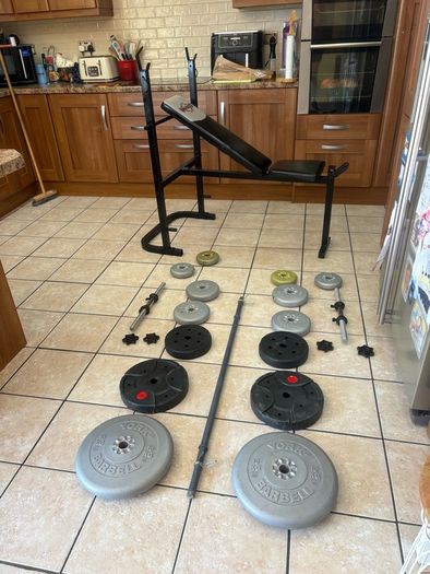 Cheap, Weight Bench, 50kg Weights, Barbell+ 2 X Dumbbells!