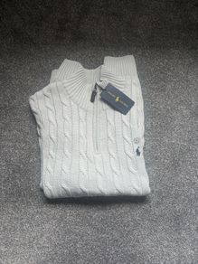 Ralph Lauren Light Grey Cable Knit Quarter Zip, Size XL Men's