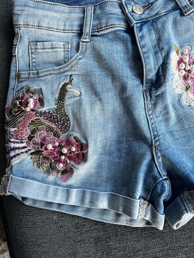 Monday Denim Shorts XS Embroidered Floral & Bird Design