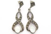 925 Vintage Sterling Silver, Marcasite &amp; Mother of Pearl Drop Earrings