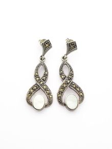 925 Vintage Sterling Silver, Marcasite & Mother of Pearl Drop Earrings