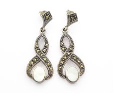 925 Vintage Sterling Silver, Marcasite & Mother of Pearl Drop Earrings