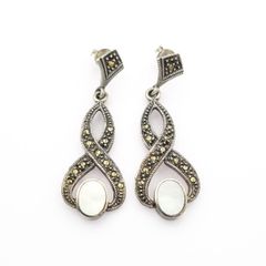925 Vintage Sterling Silver, Marcasite & Mother of Pearl Drop Earrings