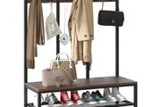 Large Coat Rack Stand Industrial Coat Stand with Hooks and Shoe Bench Clothes Hat Rack Shelf Metal Frame for Bedroom Living Room Hallway with 12 Hooks