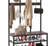Large Coat Rack Stand Industrial Coat Stand with Hooks and Shoe Bench Clothes Hat Rack Shelf Metal Frame for Bedroom Living Room Hallway with 12 Hooks