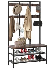 Large Coat Rack Stand Industrial Coat Stand with Hooks and Shoe Bench Clothes Hat Rack Shelf Metal Frame for Bedroom Living Room Hallway with 12 Hooks