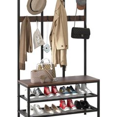 Large Coat Rack Stand Industrial Coat Stand with Hooks and Shoe Bench Clothes Hat Rack Shelf Metal Frame for Bedroom Living Room Hallway with 12 Hooks