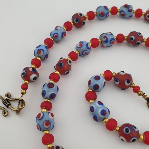 Antique Venetian Style Blue Skunk Eyes & Red Venetian WhiteHeart Glass Beads Necklace