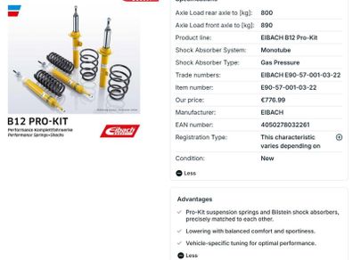Mini Cooper S R53 Eibach Suspension Kit