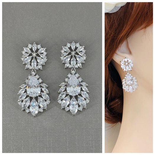 Vintage Style Wedding Bridal Crystal Drop Silver Earrings