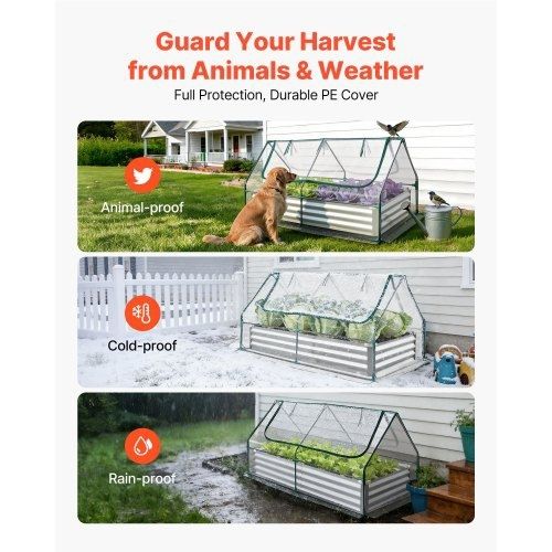 Raised Garden Bed with Cover, 1800 x 900 x 300 mm, Rectangular Galvanized Metal Planter Box Outdoor, with PE Greenhouse Cover & Gloves, Rustproof Alu-Zinc, for Growing Flowers Vegetables, Silver