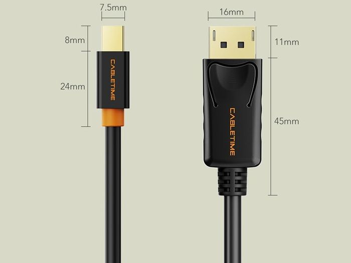 Cabletime 2M Mini DisplayPort to DisplayPort v1.2 Male (4K@60Hz) (Video-Audio) (Gold-Plated) Cable (Brand New/Warranty)