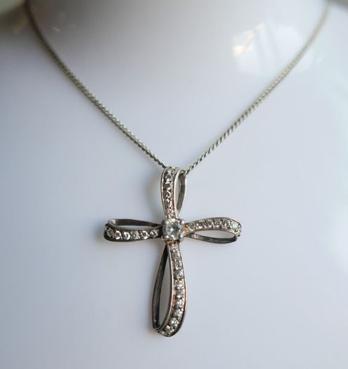 Vintage Sterling Silver  Rhinestone Curved Cross Necklace length 18" - 4,5g