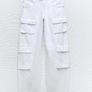 SALE Fab Zara Mid Rise White Multi Pocket Wide Leg Cargo Trousers  Size 42 UK 14 Image 7