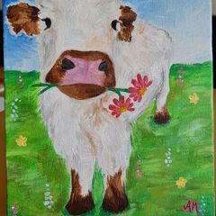 Original acrylic painting on canvas - Cow on a meadow
