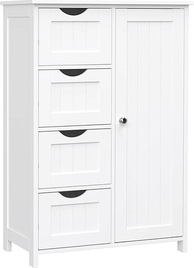 Bathroom Floor Storage Cabinet, Wooden Storage Unit with 4 Drawers, Single Door, Adjustable Shelf, for Living Room, Kitchen, Entryway (FREE SHIPPING)