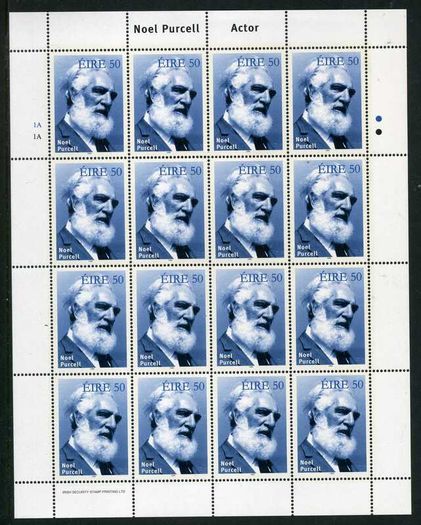 1999 Ireland Irish Actors and Actresses (Michael Mac Liamnoir, Siobhan McKenna & Noel Purcell) Commemorative Stamps Sheetlet Plate 1A1A Mint Never Hinged (MNH)