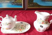 4 Piece Aynsley Cottage Garden Pattern Bone China Rare Tennis Set With Tray And Oban Cup, Tea Pot With Lid And Water Pitcher For One Person Setting Made In England