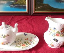 4 Piece Aynsley Cottage Garden Pattern Bone China Rare Tennis Set With Tray And Oban Cup, Tea Pot With Lid And Water Pitcher For One Person Setting Made In England