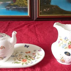 4 Piece Aynsley Cottage Garden Pattern Bone China Rare Tennis Set With Tray And Oban Cup, Tea Pot With Lid And Water Pitcher For One Person Setting Made In England