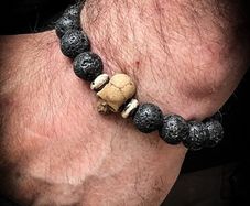 Mens Dad Gift Miniature Resin Skull and Black Volcanic Lava Beaded Bracelet Skull Art Jewelry Goth Vulture Culture