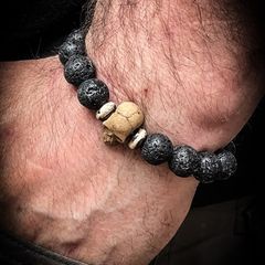 Mens Dad Gift Miniature Resin Skull and Black Volcanic Lava Beaded Bracelet Skull Art Jewelry Goth Vulture Culture