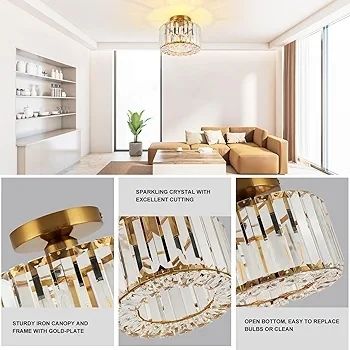 Ceiling Lights, Semi Flush K9 Crystal Chandelier Lamp with Metal Lampshade, E27 Gold Ceiling Lighting, Modern Light Fittings for Kitchen Hallway Living Room Bedroom Hall Home Decoration