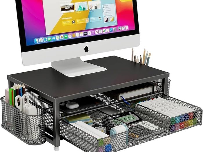 Monitor Stand Riser Metal, Office Desk riser with shelf Organizer, Office Organization ,Desk Organizer with Drawer and Pen Holder, 2-Tier Computer Stand, for iMac, PS4, PC, Printer, Notebook (Black)
