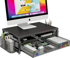 Monitor Stand Riser Metal, Office Desk riser with shelf Organizer, Office Organization ,Desk Organizer with Drawer and Pen Holder, 2-Tier Computer Stand, for iMac, PS4, PC, Printer, Notebook (Black)