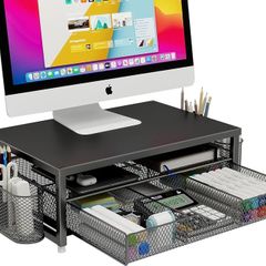 Monitor Stand Riser Metal, Office Desk riser with shelf Organizer, Office Organization ,Desk Organizer with Drawer and Pen Holder, 2-Tier Computer Stand, for iMac, PS4, PC, Printer, Notebook (Black)