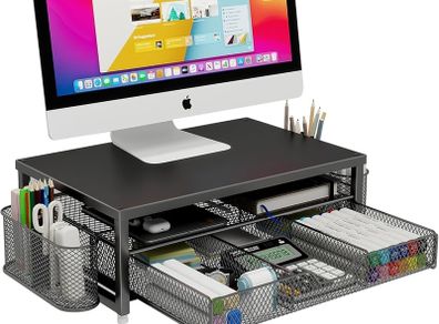 Monitor Stand Riser Metal, Office Desk riser with shelf Organizer, Office Organization ,Desk Organizer with Drawer and Pen Holder, 2-Tier Computer Stand, for iMac, PS4, PC, Printer, Notebook (Black)