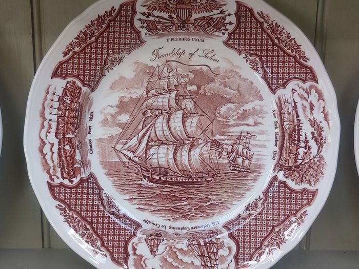 Vintage Set of Six Brown and White Fair Winds, Historical Scenes of Chinese Export to America - "The Friendship of Salem" Large Dinner Plates by Alfred Meakin