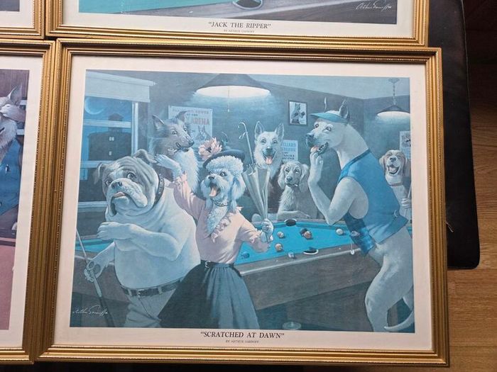 3 x Vintage prints Dogs playing snooker Arthus Sarnoff Pool set of 3