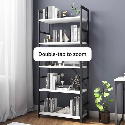 Industrial Bookshelf, 5-Tier 24.8" White Shelving Unit Wood Bookcase with Open Shelves, Rustic Standing Bookshelves Metal Frame Display Rack for Living Room,Bedroom, White